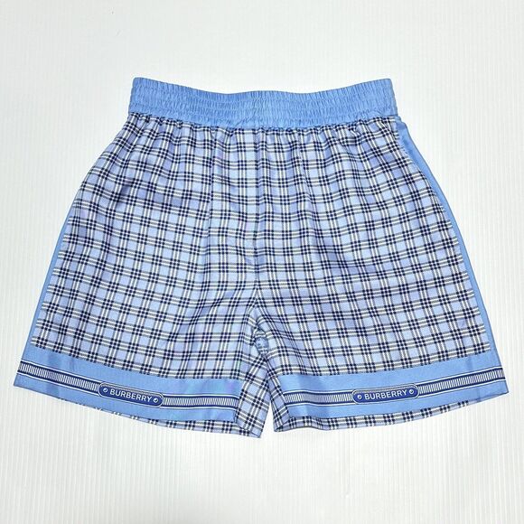 Burberry High Waist Pull On Shorts Size 4 Blue Check Print 100% Silk NWT $820 - Picture 5 of 13